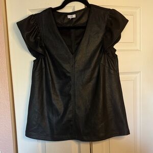 Voy Black Faux Leather Ruffle Sleeve Top Size S